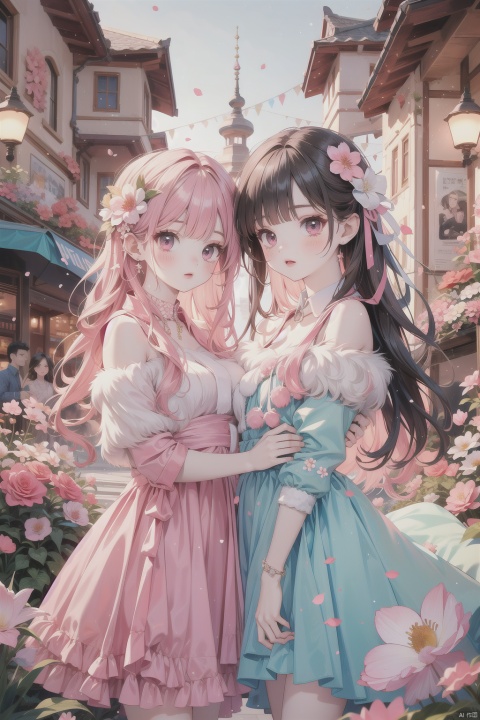 masterpiece, sharp focus, best quality, depth of field, cinematic lighting, 2 girls tied with New Year's ribbon, <:more_details:0.5>, dress, fur trimmed collar, pink fantasy, ((poakl flower style))