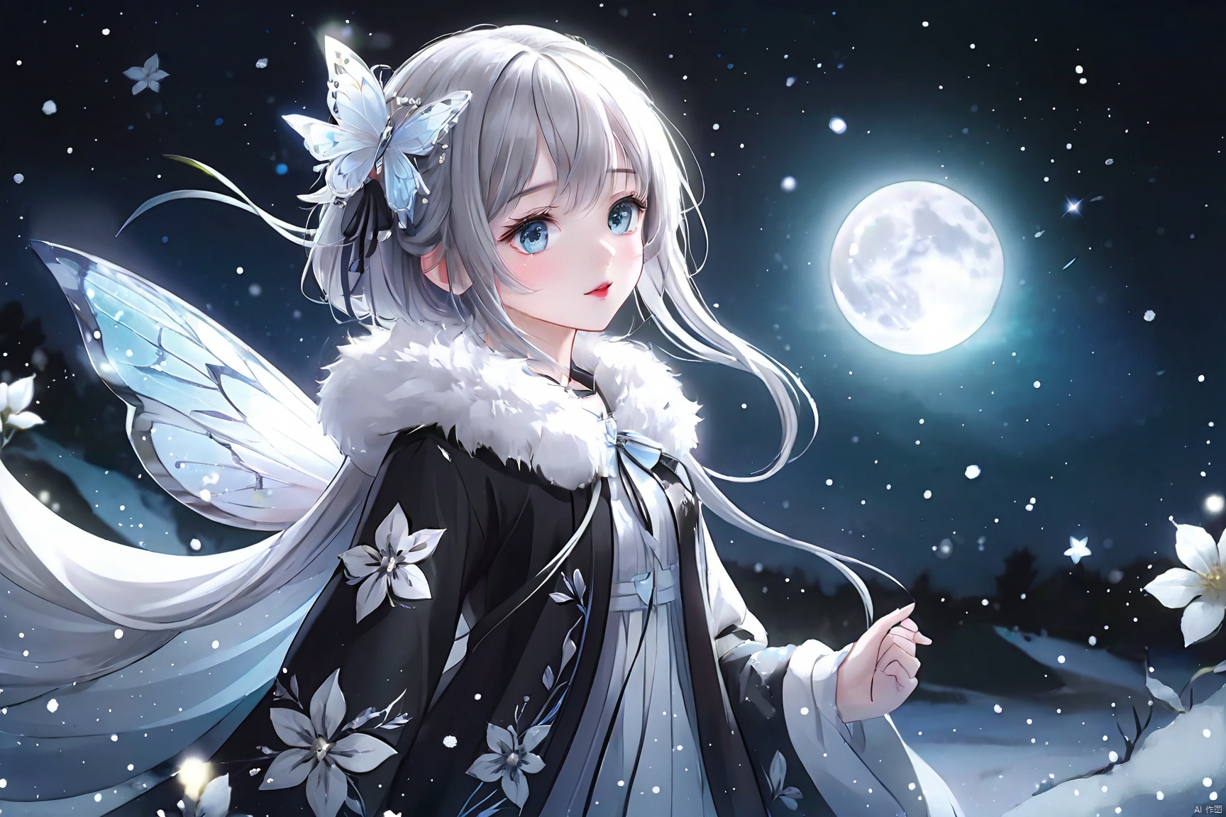  (masterpiece), (best quality), illustration, ultra detailed, hdr, Depth of field, (colorful),loli,full body, focus, masterpiece, solo, gradient background, winter, best quality, star, Through the mottled light and shadow of snow, deep night, wind, flying butterfly, flying white flowers, ice flower, big moon, 1 girl, Beautiful and meticulous eyes, small breast, beautiful detailed,fur collar dress, a sweater coat,Grey gradient hair Blue highlights, hairpin, hime_cut, long sleeves ,sigh, strong rim light, anime screenshot, Bust, solo focus, extremely detailed wallpaper, Personage as the main perspective, intense shadows, cinematic lighting, depth of field, painting