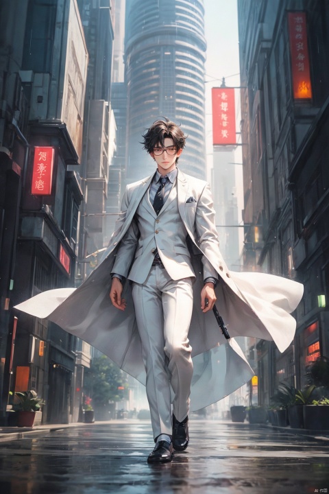  masterpiece,high quality, (boy), depth of field,soft light, young male,tall, solo, full body, perfect body, beautiful eyes, wearing glasses, short hair, detailed face description,handsome, secret agent, super spy, ((long leg)), (standing), white suit coat, dark Flower tie, armed, confident expression, photography, modern design, rain, depth of field, deep shadow,solo male,Wen Dao Sheng Zun,Multi energy text,1boy,Energy pairing, Cyberpunk Concept, Wen Dao Sheng Zun,Glowing Text