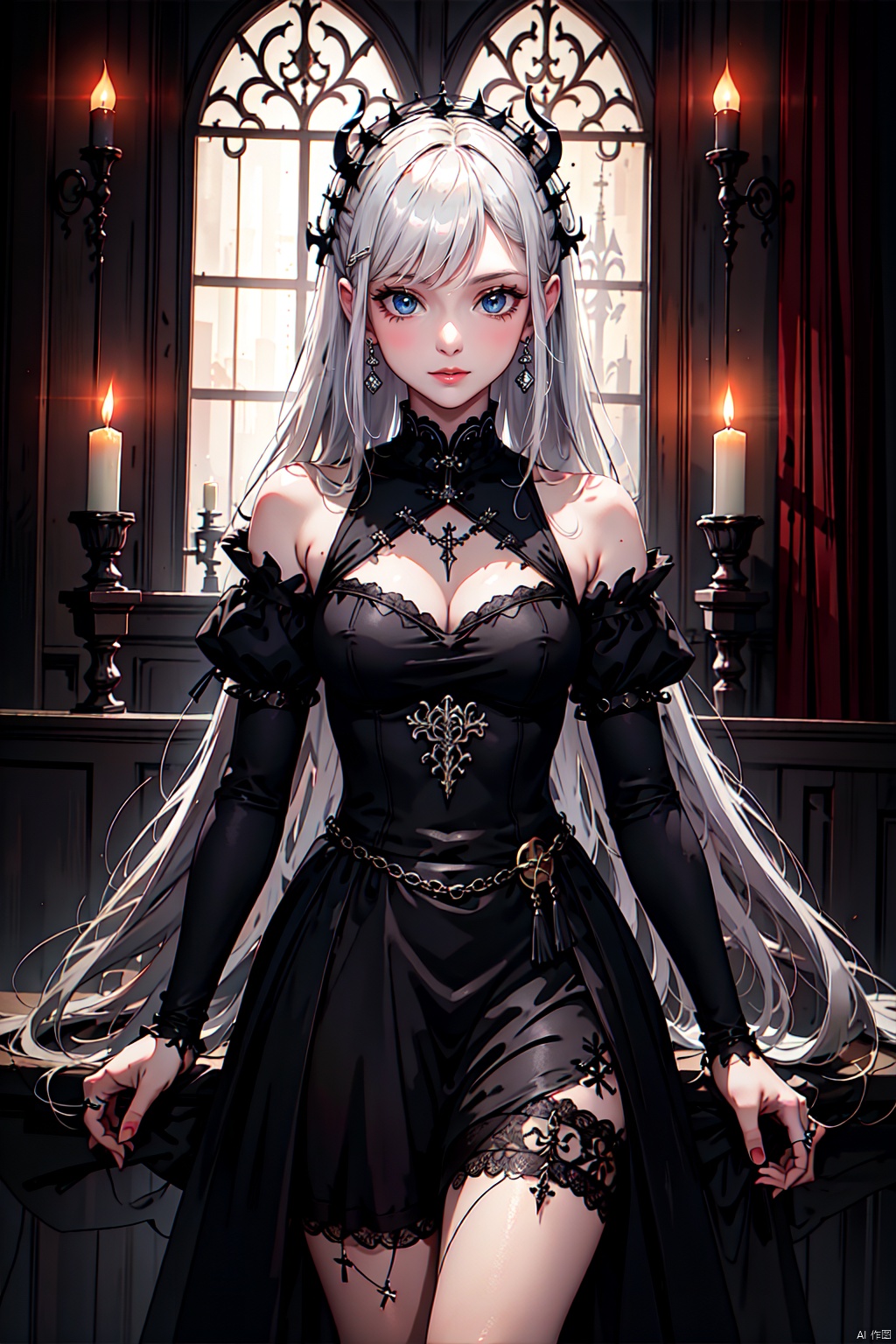  young girl, Demon maiden, beautiful blue eyes, (mouth closed), cool expression, short dress,off shoulder, golden rings, long white hair, sliver decoration, curch, indoor, holy hall, depth of field, flower around,exposure blend, medium shot, Full of vitality, glass window, flying bats,candles, (hdr:1.4), high contrast, cinematic light,low saturation, loli, gete, Gothic