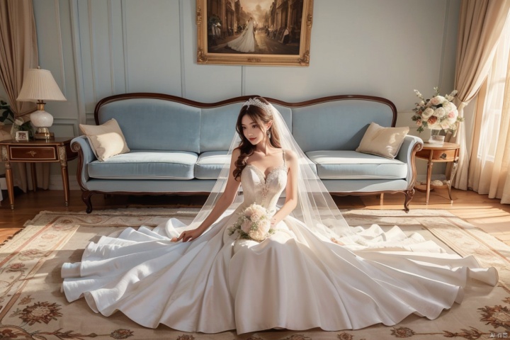  masterpiece, panorama,a girl, solo focus, perfcet body,long hair, light blue wedding dress, lying in sofa, a delicate sitting room, a photo frame on the wall, velvet curtains, sofa in 
Gorgeous and warm style, ((carpet)) on the floor, 
Beautiful furniture,beautiful flowers, Overhead shot, weddingdress