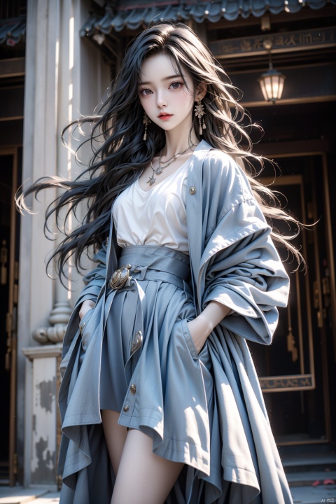 masterpiece, best quality,1girl,solo focus,standing in front of a building, black long hair, wearing a necklace, delicate face, beautiful eye, long coat,blue short skirt,snap-fit buckle,close-up,hand in pocket, dofas