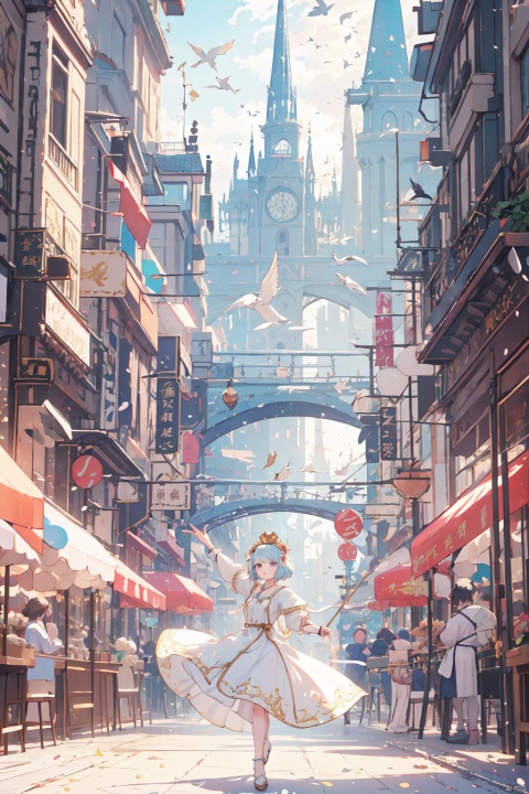  4k,intricate detail,wallpaper,absurdres,high resolution,ultra colorful art, ,depth of field,ray tracing,spectacular, old Renaissance age amusement,grand Circus,flying birds, dancing crowns, Parade in delicate dress, Frame, Magical Fantasy style, (\ji jian\), UIAXD5.0, cozy animation scenes