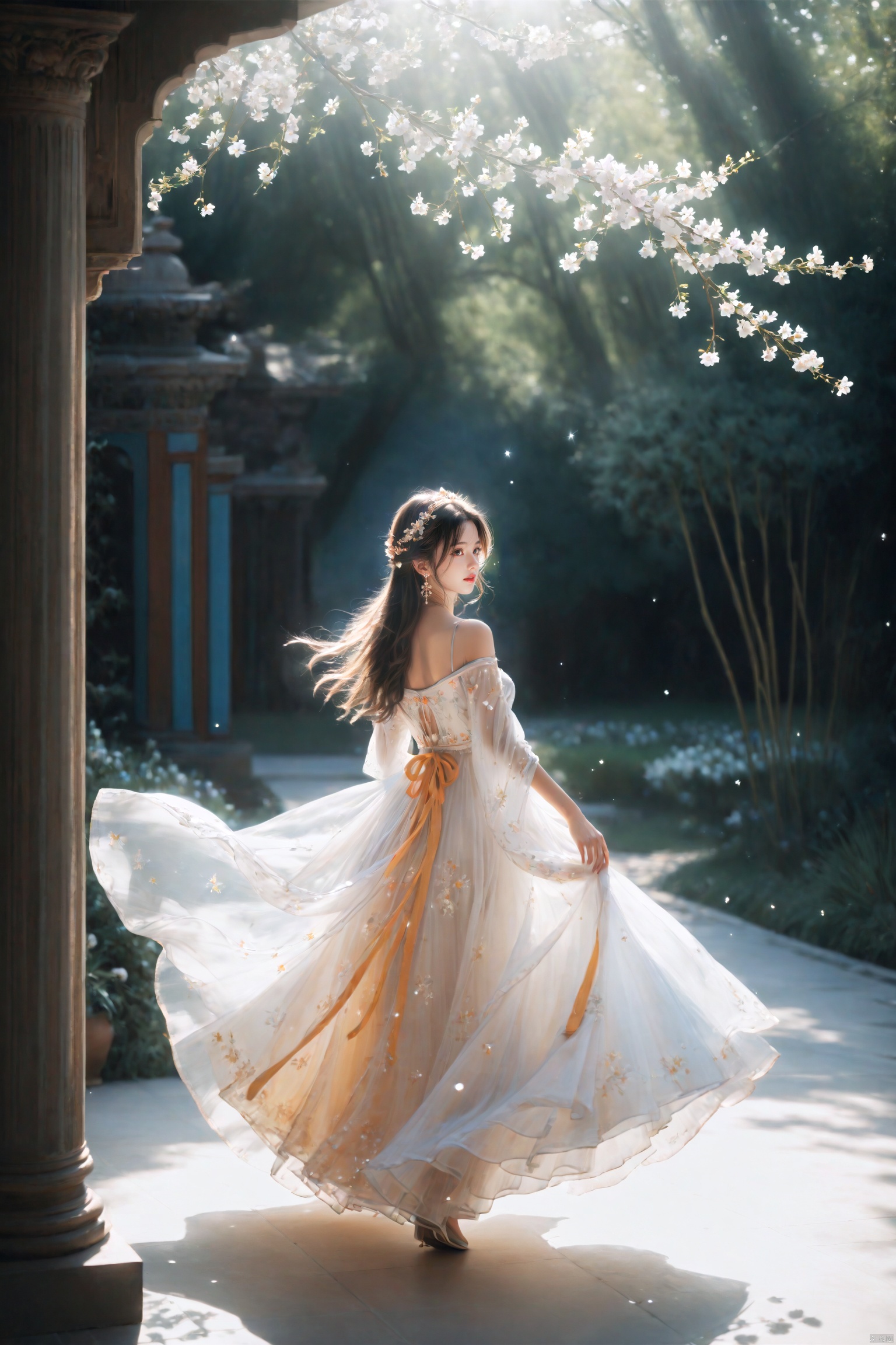  (masterpiece), (best quality), illustration, ultra detailed, depth of field, outside garden, a suspended girl, masterpiece,gradient background, best quality, star, floating flowers, 1 girl,looking away, Beautiful and meticulous eyes, middle breast, beautiful detailed,off shoulder, delicate dress, long hair, headband, earring, full body, hands together, extremely detailed wallpaper,intense shadows, cinematic lighting, depth of field,goddess of spring, painting, Dingdall effect, arien_hanfu, glow, 1girl