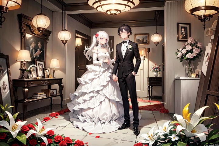  masterpiece, sharp focus, best quality, depth of field, cinematic lighting, a couple tied with spring ribbon, <:more_details:0.5>, the girl wear colorful dress, the boy wear suits, fantasy, ((poakl flower style)),beautifully decorated room, colors, Stuffed toys,rose,coloured mini lanterns,