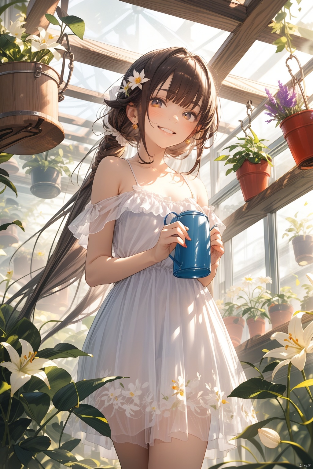  masterpiece, panorama,1 girl, solo_focus, long curly hair, double ponytail, smile, perfect body, delicate dress, hair ornament, with a watering can in her hands,the girl is watering the flowers,  a delicate greenhouse, glass roof, wood floors, deep of field, wooden shelves covered with potted plants, colorful flowers,lily of the valley, rose, daisy, lily,lavender, spring, flowers, backlight, mLD, Glass flower room, nai3, (\ji jian\), cozy anime