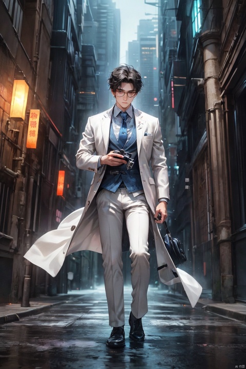  masterpiece,high quality, (boy), depth of field,soft light, young male,tall, solo, full body, perfect body, beautiful eyes, wearing glasses, short hair, detailed face description,handsome, secret agent, super spy, ((long leg)), (standing), white suit coat, dark Flower tie, armed, confident expression, photography, modern design, rain, depth of field, deep shadow,solo male,Wen Dao Sheng Zun,, suit,Multi energy text,1boy,Energy pairing, Cyberpunk Concept, Wen Dao Sheng Zun,Glowing Text