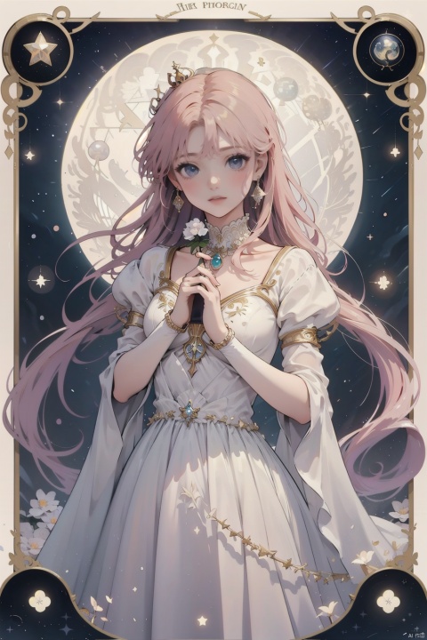  masterpiece, best quality, 4k, soft light,1girl, solo focus, perfect body, elegent  dress, silk gloves, long pink hair,small breasts, jewelry earrings, pearl necklace, pearl arm rings, little crown, looking at viewer, stand, moon princess, stary night,Tarot cards background, dopamine, dofas, SHSJ, jy, dark academia, hologram girl, SHSJ