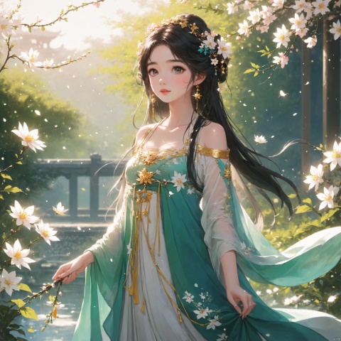  (masterpiece), (best quality), illustration, ultra detailed, depth of field, outside garden, a suspended girl, masterpiece,gradient background, best quality, star, floating flowers, 1 girl,looking away, Beautiful and meticulous eyes, middle breast, beautiful detailed,off shoulder, delicate dress, long hair, headband, earring, full body, hands together, extremely detailed wallpaper,intense shadows, cinematic lighting, depth of field,goddess of spring, painting, Dingdall effect, arien_hanfu