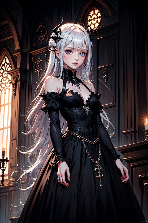  young girl, Demon maiden, beautiful blue eyes, (mouth closed), cool expression, short dress,off shoulder, golden rings, long white hair, sliver decoration, curch, indoor, holy hall, depth of field, flower around,exposure blend, medium shot, Full of vitality, glass window, flying bats,candles, (hdr:1.4), high contrast, cinematic light,low saturation, loli, gete, Gothic