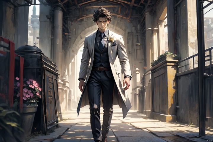 masterpiece,high quality, (male), depth of field, young man, solo, full body, beautiful eyes, ((short hair)), detailed face description,handsome male, secret agent, long leg, hands in pocket, white suit coat, dark Flower tie,  
Metal Buckle Belt, confident expression, turn around, majestic environmental elements, Photography, modern design, depth of field, deep shadow,1boy,solo male,kemix, midjourney portrait, Wen Dao Sheng Zun, , suit,Multi energy text