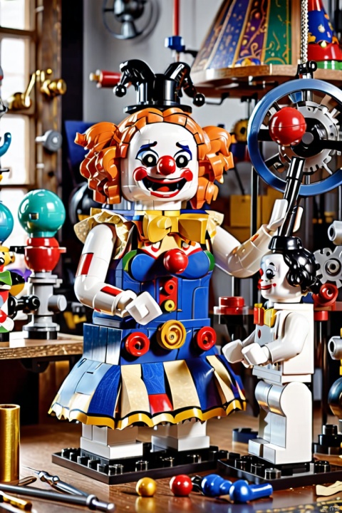  scene of a  woman in a workshop fixing magical mechanical (clown puppets), about the curvature of space time, working, art deco, zentangle, full colored,3d crunch, cinematic,  (best quality, masterpiece, Representative work, official art, Professional, Ultra intricate detailed, 8k:1.3), WizardCoreAI, LEGO MiniFig