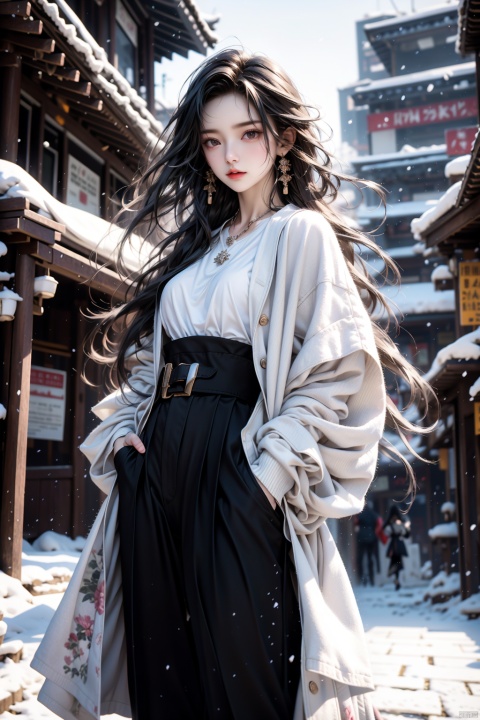 masterpiece, best quality,1girl,solo focus,standing in front of a building, black long hair, wearing a necklace, delicate face, beautiful eye, long coat,black short pants,snap-fit buckle,close-up,hand in pocket