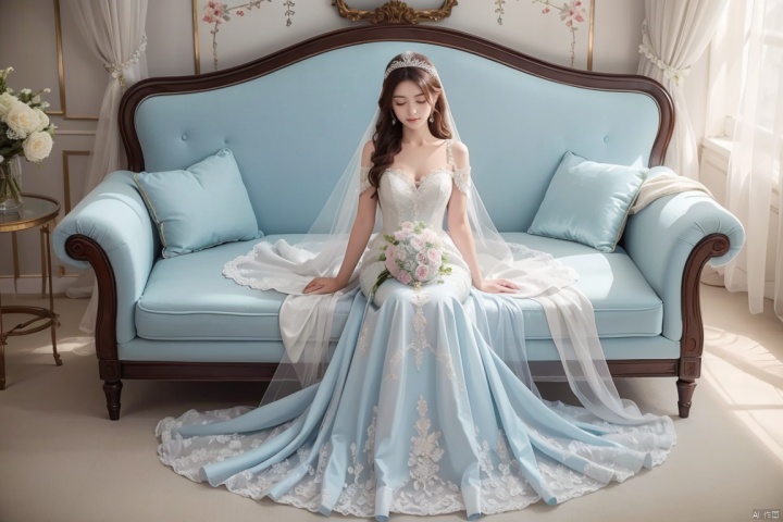  masterpiece, panorama,a girl, solo focus, perfcet body,long hair, light blue wedding dress, sleeping in sofa, a delicate sitting room, a photo frame on the wall, velvet curtains, sofa in 
Gorgeous and warm style, ((carpet)) on the floor, 
Beautiful furniture,beautiful flowers, Overhead shot, weddingdress
