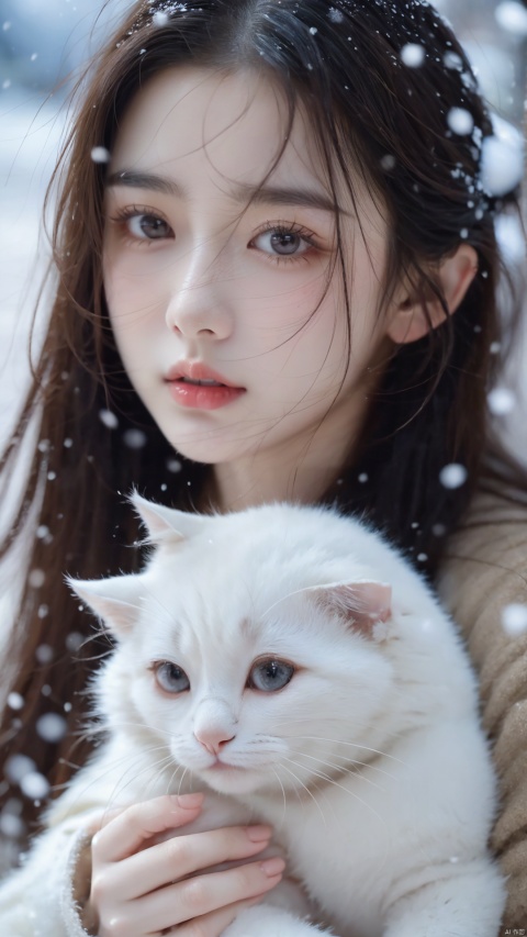 best quality,masterpiece, happy new year, 1 girl, solo, beautiful face, perfect skin, snow, holding cute cat in her arms, girl enjoying the happiness brought by the festival,good hands,perfect fingers, colorful, goddess, xiqing, dofas