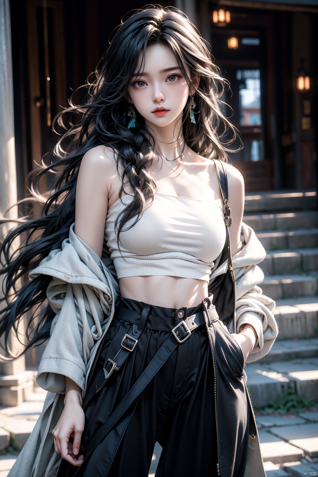 best quality,masterpiece,simple background,1girl,solo,solo focus,saori \(blue archive\),long hair,black hair,halo,standing,looking at viewer,glowing eye,open clothes,off shoulder,coat,crop top,chest harness,black pants,thigh holster,snap-fit buckle,close-up,hand in pocket,褰╄壊澶栧