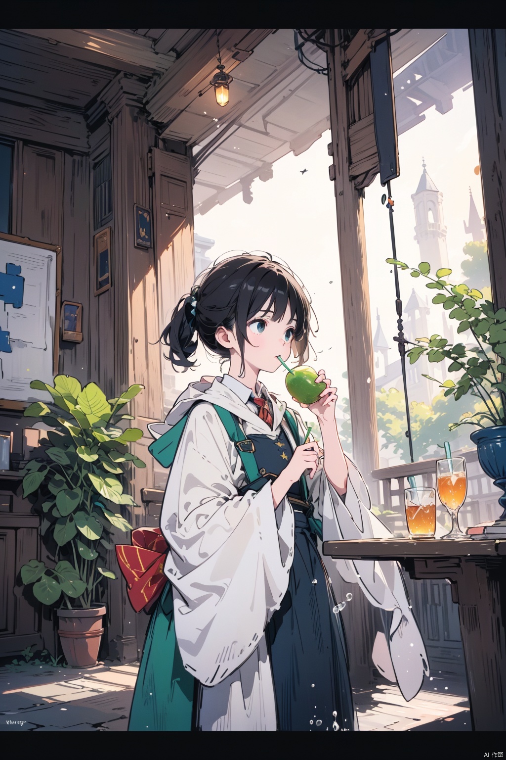  an woman drinking water from a green coconut with a straw is in the foreground. The surrounding decor contains green plants, a triforce symbol, Harry Potter references and circus flags, detailed matte painting, deep colors, fantastic and intricate details, splash screen, complementary colors, fantasy concept art, 8k resolution trending on Artstation Unreal Engine