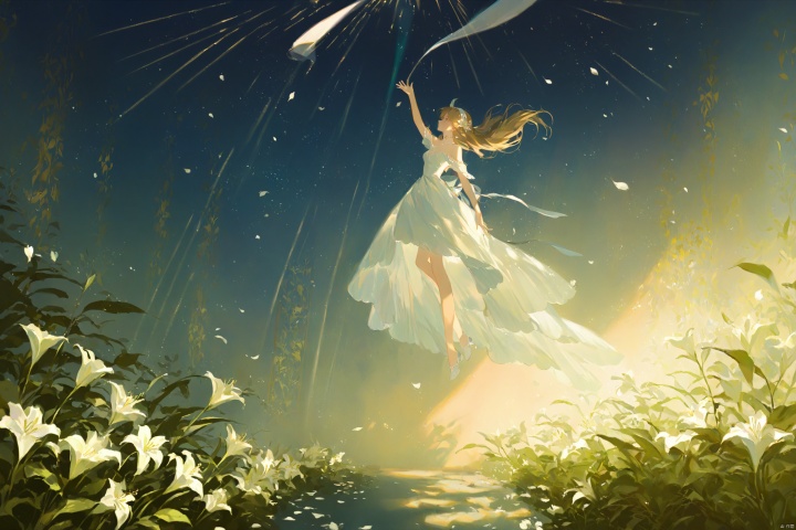  (masterpiece), (best quality), illustration, ultra detailed, depth of field, outside garden, a suspended girl, masterpiece,gradient background, best quality, star, floating flowers, 1 girl,looking away, Beautiful and meticulous eyes, middle breast, beautiful detailed,off shoulder, delicate dress, long hair, headband, earring, full body, raise hands up to catch the falling petals, extremely detailed wallpaper,intense shadows, cinematic lighting, depth of field,goddess of summer,rose,lily,Personage as the main perspective, painting, Dingdall effect