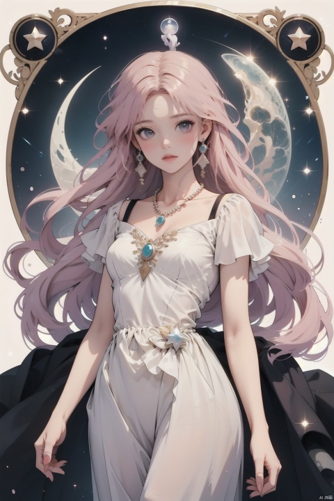  masterpiece, best quality, 4k, soft light,1girl, solo focus, perfect body, elegent dark dress, silk gloves, long pink hair,small breasts, jewelry earrings, pearl necklace, pearl arm rings, looking at viewer, stand, moon princess, stary night, dopamine, dofas,  SHSJ, jy, dark academia, hologram girl, SHSJ