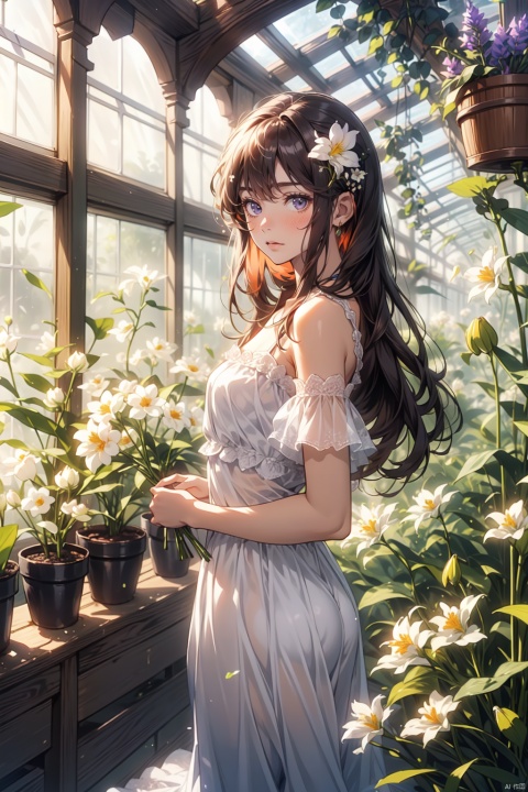  masterpiece, panorama,1 girl, solo_focus, long curly hair, cool expression, perfect body,long orange dress, beautiful lace decoration on dress, hair ornament, Holding a bunch of flowers,  a delicate greenhouse, glass roof, wood floors, deep of field, wooden shelves covered with potted plants, colorful flowers,lily of the valley, rose, daisy, lily,lavender, spring, flowers, backlight, mLD, Glass flower room, nai3, (\ji jian\), cozy anime