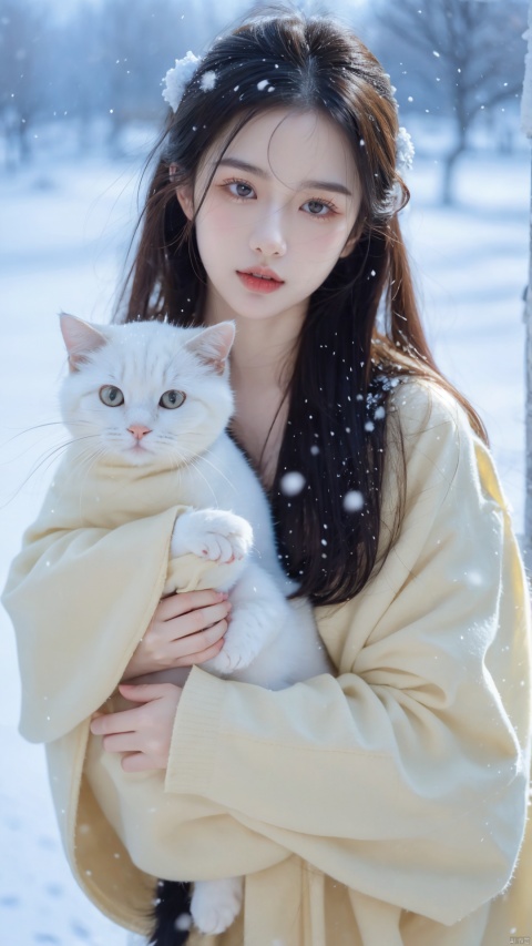 best quality,masterpiece, happy new year, 1 girl, solo, beautiful face, perfect skin, snow, holding cute cat in her arms, girl enjoying the happiness brought by the festival,good hands,perfect fingers, colorful, goddess, xiqing, dofas
