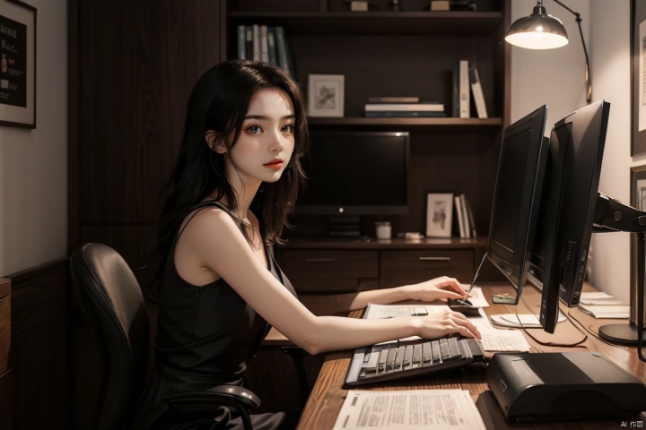  (Best quality, masterpiece), 1 girl, beautiful face, delicate dress, black hair,  working hard before the computer, half body, looking at the computer, hands put on the keyboard, working hard, serious expression, IT,computer, office room, background eastern dragon,Living and dining room, Bedroom