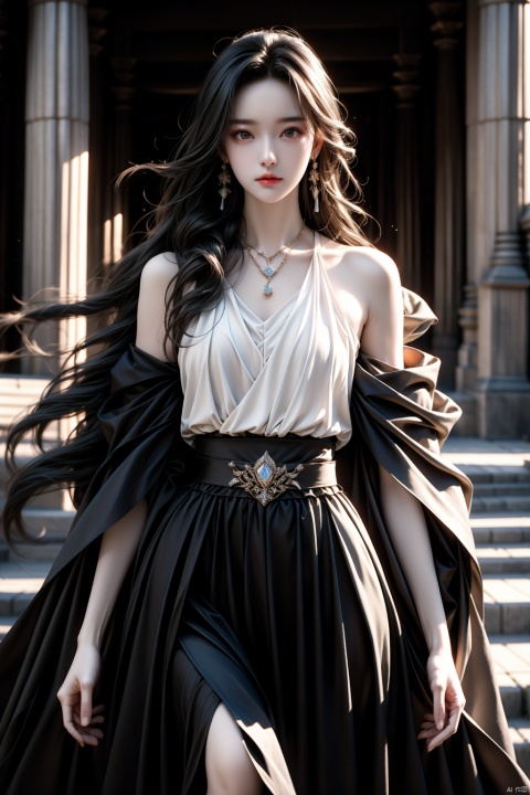  masterpiece, best quality,1girl,solo focus,standing, looking at viewer,  a haughty lookblack long hair, wearing a necklace, delicate face, beautiful eyes, tube top,light chiffon dress, sweater coat,diamond belt, metal clasp,close-up, yifu
