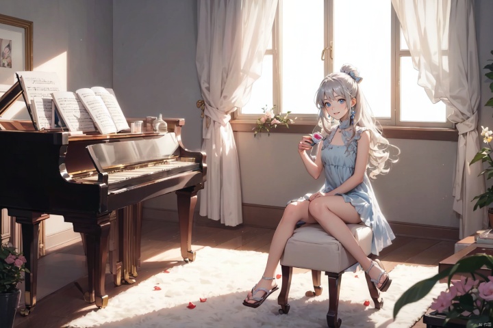  masterpiece, panorama,1 girl, solo, long curly hair, grey hair, happy face,perfect body, delicate dress, hair spin, ((play piano)), sit in Piano Stool, slippers, a delicate sitting room, deep of field, a photo frame on the wall, velvet curtains, sofa in modern minimalist style, Stuffed toys on the floor,drinking plastic juice bottles,((carpet)) on the floor, game consoles scattered on the floor, summer holiday, flowers, backlight, mLD, (\ji jian\),cozy anime, dress