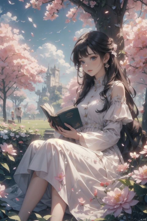  masterpiece,best quality,4k, panorama,a girls, solo focus, long hair, casual clothes,dress, earings, sitting on ground, under a tree, outside, reading a book, spring park, deep of field, modern style, fruits, stuffed toys, ((carpet)) , beautiful flowers, petals fluttered down from the sky,  spring, cozy animation scenes, colors