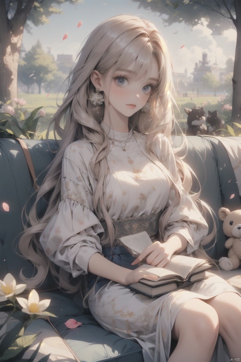  masterpiece,best quality,4k, panorama,a girls, solo focus, long hair, casual clothes,dress, earings, sitting on ground, under a tree, outside, reading a book, spring park, deep of field, modern style, fruits, stuffed toys, ((carpet)) , beautiful flowers, petals fluttered down from the sky,  spring, cozy animation scenes, colors