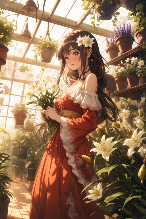  masterpiece, panorama,1 girl, solo_focus, long curly hair, cool expression, perfect body, red  dress,off shoulder,  beautiful lace decoration on dress, hair ornament, Holding a bunch of flowers,  a delicate greenhouse, glass roof, wood floors, deep of field, wooden shelves covered with potted plants, colorful flowers,lily of the valley, rose, daisy, lily,lavender, spring, flowers, backlight, mLD, Glass flower room, nai3, (\ji jian\), cozy anime