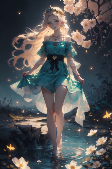  (masterpiece), (best quality), illustration, ultra detailed, soft light, Depth of field, a girl, full body, solo focus, masterpiece, gradient background, summer night, best quality, star,wind, flying flowers,colorful flowers, fireflies,1 girl, long hair, Beautiful and meticulous eyes, wear crown of branches, necklace, small breast, beautiful detailed,off shoulder, green dress,perfect hand,  bare feet, step in water, solo focus, extremely detailed wallpaper,cinematic lighting, girl, Hazy light,Floodlight,Purity Portait, Gauze Skirt, Light master