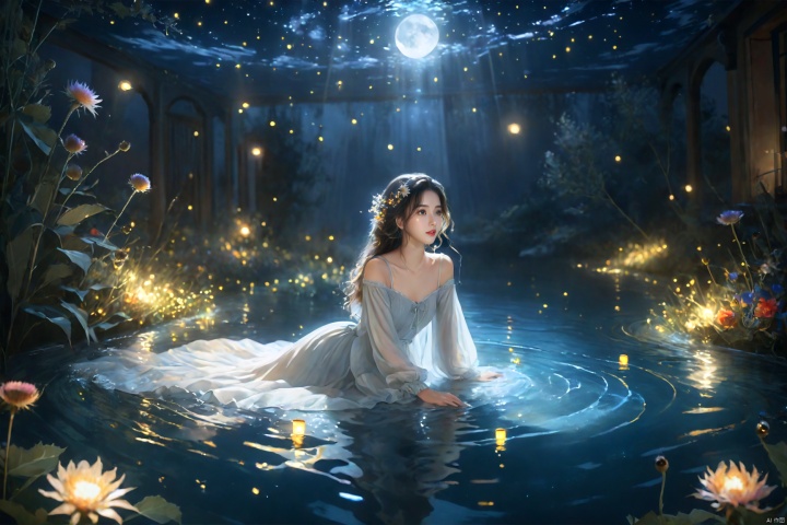  (masterpiece), (best quality), illustration, ultra detailed, hdr, Depth of field, a girl, full body, magic, solo focus, laying_down in water, masterpiece, gradient background, summer, best quality, star, deep night, wind, flying flowers,colorful flowers, fireflies, crescent moon, 1 girl, thistle long hair, Beautiful and meticulous eyes, small breast, beautiful detailed,off shoulder, casual clothes, long_sleeve ,perfect hand, strong rim light, anime screenshot, bare feet, float on water, solo focus, extremely detailed wallpaper,cinematic lighting,glow, Hazy light,Floodlight, NVZ, (\shen ming shao nv\)