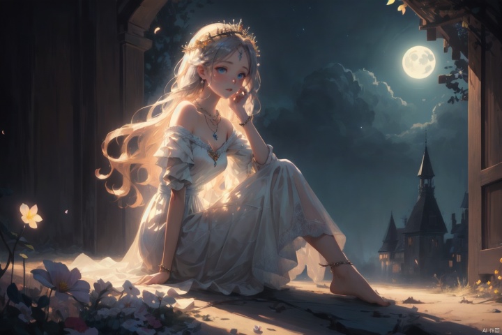  (masterpiece), (best quality), illustration, ultra detailed, soft light, Depth of wild field, a girl, fairy, full body, solo focus, masterpiece, gradient background, summer night, moon, best quality, star,wind, flying flowers,colorful flowers, fireflies,1 girl, long hair, Beautiful and meticulous eyes, wear crown of thorns, necklace, small breast, beautiful detailed,off shoulder, long dress,perfect hand, bare feet, sit, abandoned castle,solo focus, extremely detailed wallpaper,cinematic lighting, girl, Hazy light,Floodlight,Purity Portait, Gauze Skirt, Light master