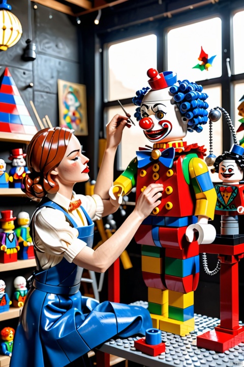  scene of a  woman in a workshop fixing magical mechanical (clown puppets), about the curvature of space time, working, art deco, zentangle, full colored,3d crunch, cinematic,  (best quality, masterpiece, Representative work, official art, Professional, Ultra intricate detailed, 8k:1.3), WizardCoreAI, LEGO MiniFig