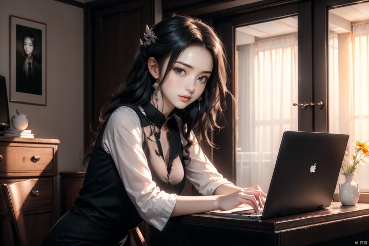  (Best quality, masterpiece), 1 girl, beautiful face, delicate dress, black hair,  working hard before the computer, half body, looking at the computer, working hard, serious expression, IT,computer, office room, background eastern dragon,Living and dining room