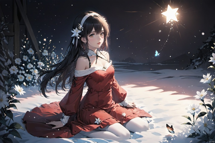  (masterpiece), (best quality), illustration, ultra detailed, hdr, Depth of field, a suspended girl, full body, with magic,focus, masterpiece, solo, gradient background, winter, best quality, star, Through the mottled light and shadow of snow, deep night, wind, flying butterfly, flying white flowers, ice flower,1 girl, Beautiful and meticulous eyes, small breast, beautiful detailed,off shoulder, a red dress, black hair, headband, long sleeves ,sigh, strong rim light, anime screenshot, Bust, solo focus, extremely detailed wallpaper, Personage as the main perspective, intense shadows, cinematic lighting, depth of field, painting, texas \(arknights\), girl