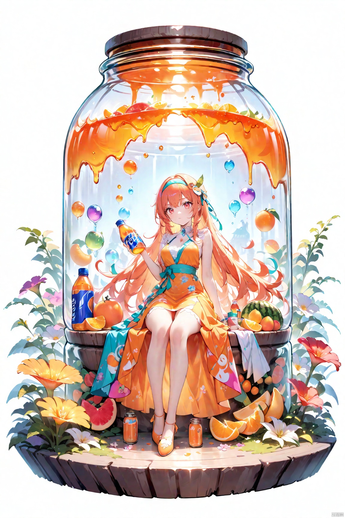  (masterpiece), (best quality), illustration, ultra detailed, hdr, Depth of field, (colorful), loli,(flowers background:1.45),(transparent background:1.3)(an extremely delicate and beautiful girl inside of glass jar:1.2), (glass jar:1.35),(solo:1.2), (full body), (beautiful detailed eyes, beautiful detailed face:1.3), (sitting ), (very long silky hair, float white hair:1.15), (medium_breasts, tally and skinny:1.2), (Colorful dress:1.3), (extremely detailed lace:0.3), (insanely detailed frills:0.3),(hairband , orange hair_ornament:1.25),orange cans,water surface,full body,(bottle filled with orange water,bottle filled with Fanta:1.25), (many fruits in jar, many Sliced_fruits in jar:1.25), (many bubbles:1.25), Colorful Girl