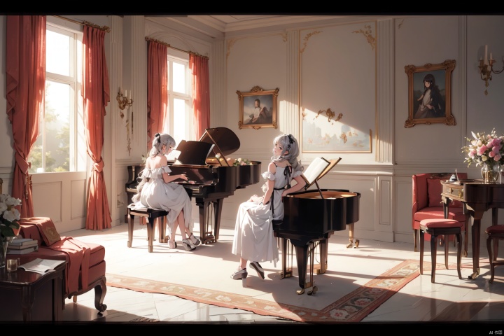  masterpiece, panorama,1 girl, solo, back, long curly hair, grey hair, happy face,perfect body, delicate dress, hair spin, ((play piano)), (sit in Piano Stool), a delicate sitting room, deep of field, a photo frame on the wall, velvet curtains, sofa in modern minimalist style, stuffed toys on the floor,glass bottles,((carpet)) on the floor,  summer holiday, flowers, backlight, mLD, cozy anime, dress