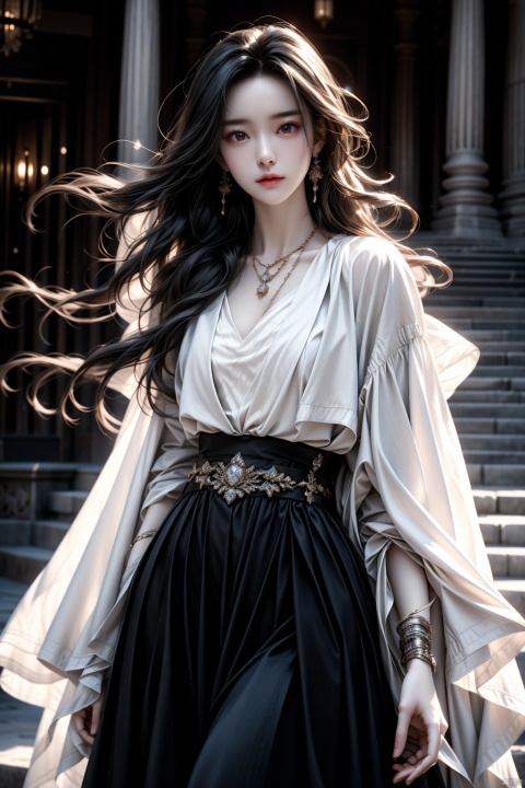  masterpiece, best quality,1girl,solo focus,standing, looking at viewer,  a haughty lookblack long hair, wearing a necklace, delicate face, beautiful eyes, light chiffon dress, sweater coat,diamond belt, metal clasp,close-up, yifu