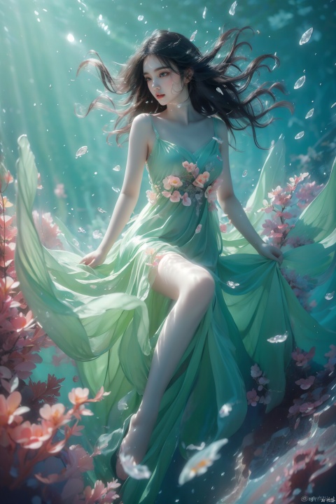  masterpiece, soft light, solo focus, under water,  surrounded by beautiful flowers and fishes,long hair wave in the water, delicate face, the picture was quiet, 1girl, sdmai, tm, lvshui-green dress, ((poakl)), jellyfishforest, BAINV