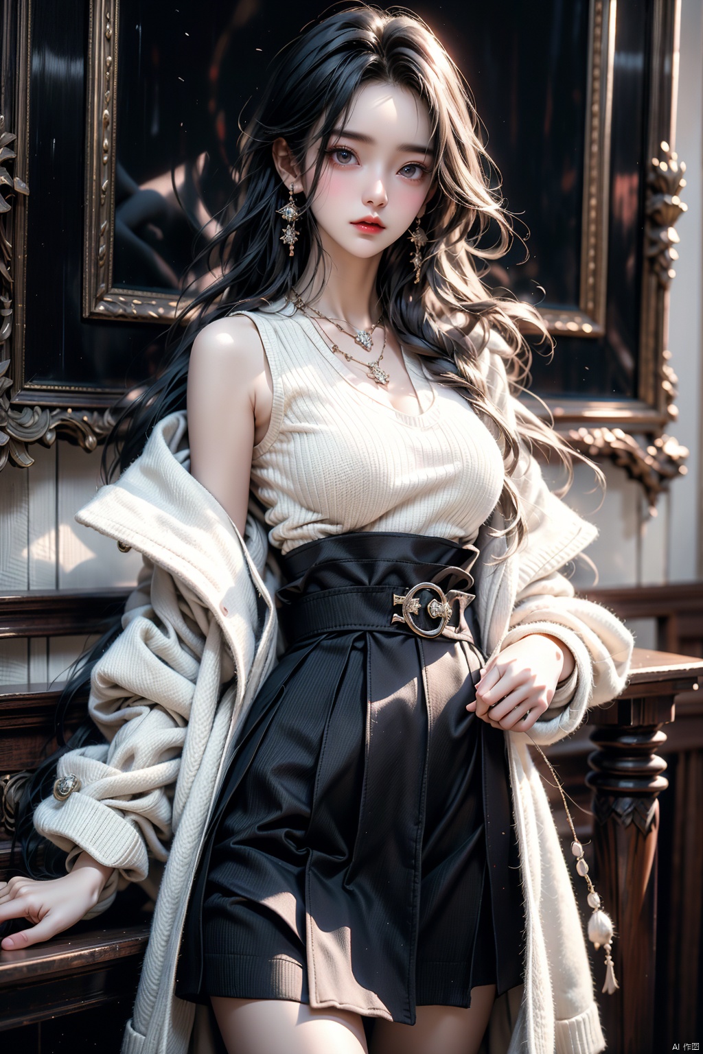 masterpiece, best quality,1girl,solo focus,standing in lobby, black long hair, wearing a necklace, delicate face, beautiful eyes, sweater coat coat,blue short skirt,diamond belt, snap-fit buckle,close-up, dofas