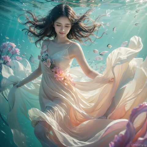  masterpiece, soft light, solo focus, dance under water, surrounded by beautiful flowers and fishes, close up eyes, smile, brown long hair, delicate face, the picture was quiet, 1girl, sdmai, tm, lvshui-green dress, ((poakl)), jellyfishforest, BAINV, yuyao