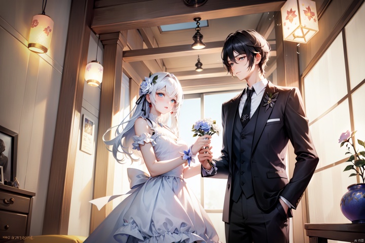  masterpiece, sharp focus, best quality, depth of field, cinematic lighting, a couple tied with spring ribbon, <:more_details:0.5>, the girl wear colorful dress, the boy wear suits, fantasy, ((poakl flower style)),beautifully decorated room,  colors, Stuffed toys,rose,coloured mini lanterns,
