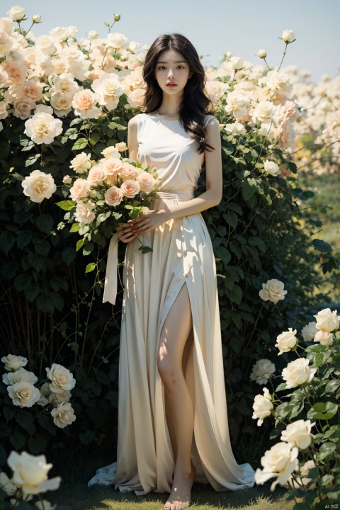 1 girl, solo, barefoot, black_hair, bouquet, brown_hair,middle_breasts,long dress, flower, grass, leaf, lying, outdoors, petals, plant, potted_plant, rose, white_dress, white_flower, white_rose, blue roses, pink roses, (/qingning/), jiqing, mtianmei, ((poakl)), huliya