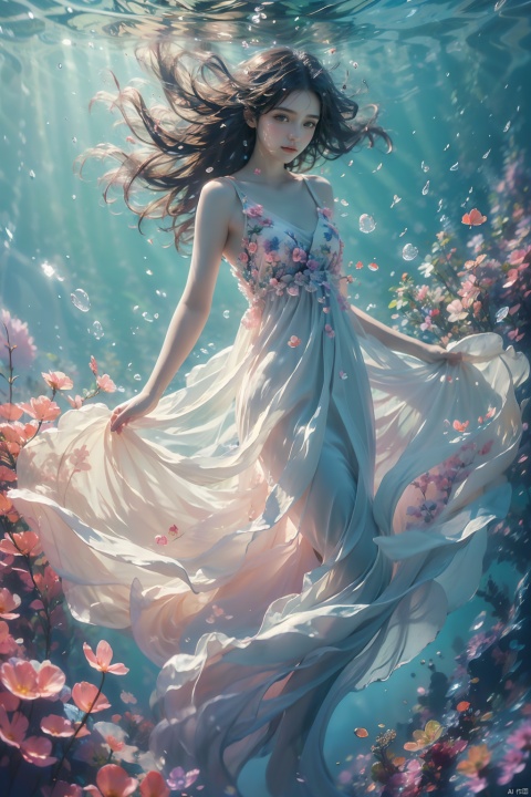  masterpiece, soft light, solo focus, under water,  surrounded by beautiful flowers and fishes,long hair wave in the water, delicate face, the picture was warm and quiet., 1girl, sdmai, tm, lvshui-green dress, ((poakl))