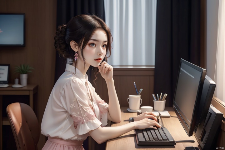  (Best quality, masterpiece), 1 girl, beautiful face, delicate colorful dress, black hair,  diamond ear rings, working hard before the computer, half body, looking at the computer, hands put on the keyboard, working hard, serious expression, IT,computer, office room, background eastern dragon,Living and dining room, Bedroom, pink fantasy, yifu