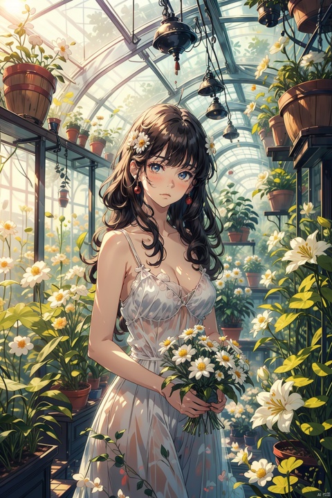 masterpiece, panorama,1 girl, solo_focus, long curly hair, cool expression, perfect body, delicate dress, hair ornament, Holding a bunch of flowers,  a delicate greenhouse, glass roof, wood floors, deep of field, wooden shelves covered with potted plants, colorful flowers,lily of the valley, rose, daisy, lily,lavender, spring, flowers, backlight, mLD, Glass flower room, nai3, (\ji jian\), cozy anime