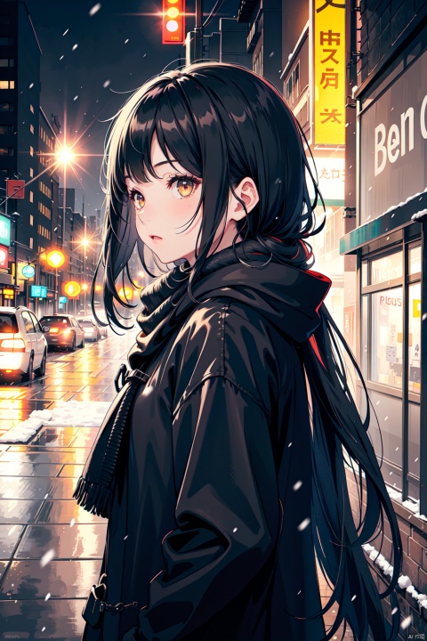  1girl, black_coat, black_hair, blurry, blurry_background, blurry_foreground, bokeh, city_lights, coat, depth_of_field, from_side, jacket, lens_flare, long_hair, long_sleeves, looking_away, motion_blur, outdoors, scarf, snow, snowing, solo, upper_body