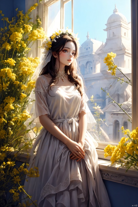  Enhanced, masterpiece, 16K, girl, Solo, delicate face, long hair,Garland headdress, wearing white dress, diamond necklac, standing beside the window, surrounded by flowers, rape flower,perfect hands, huliya, windowsill